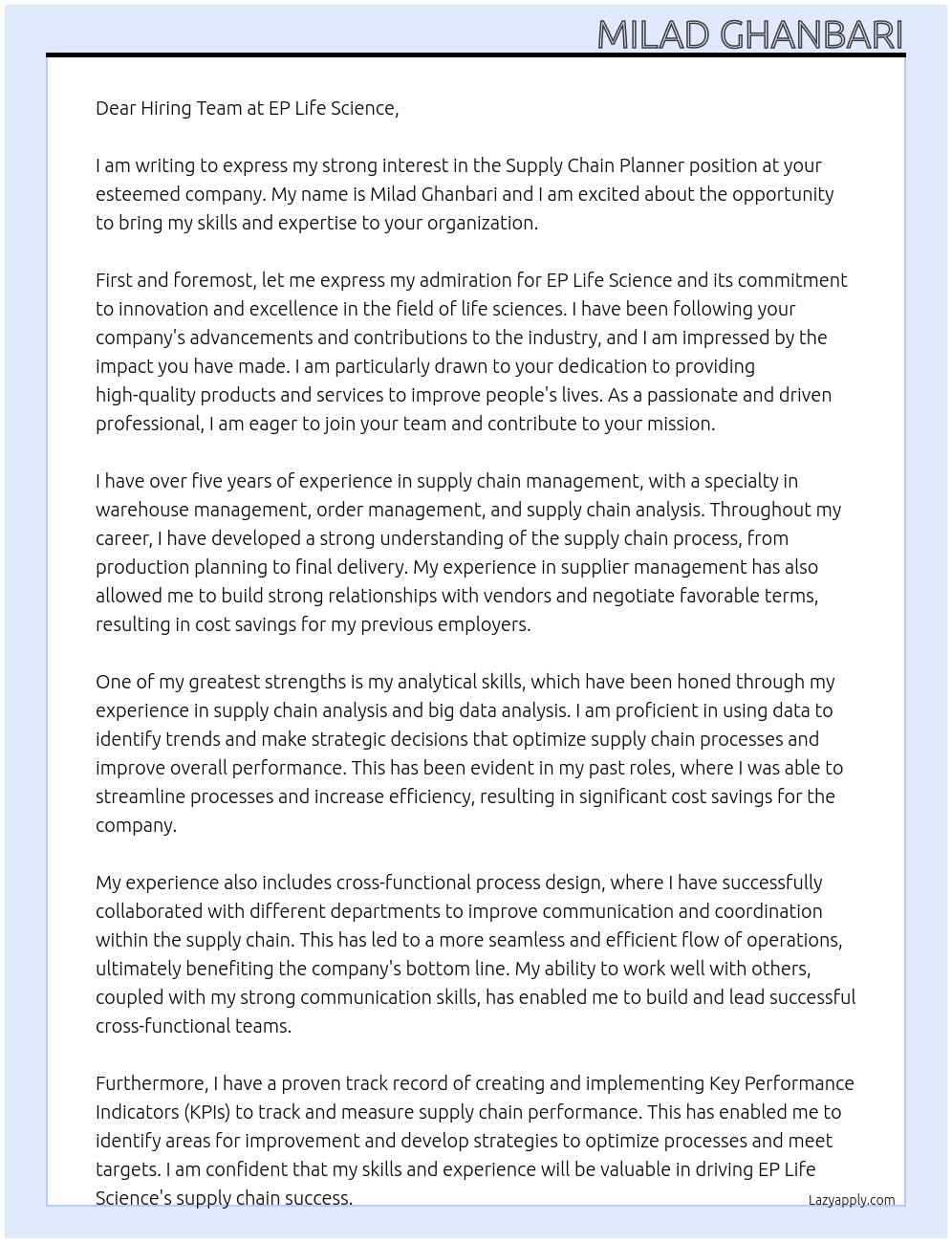 Supply Chain Planner At ep life science Cover Letter