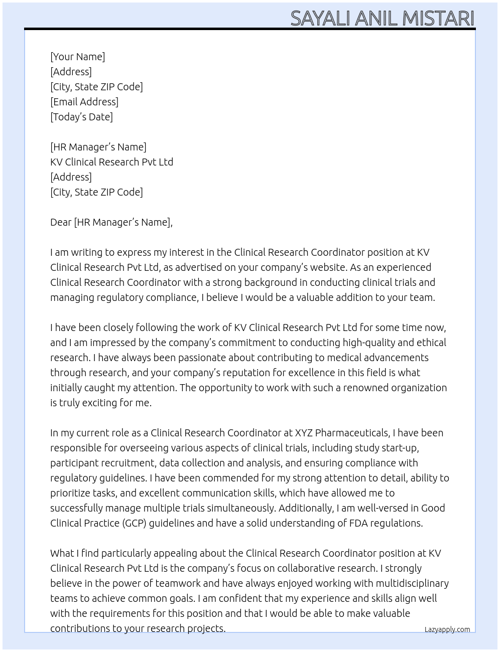 Clinical Research Coordinator At KV Clinical Research Pvt Ltd Cover Letter