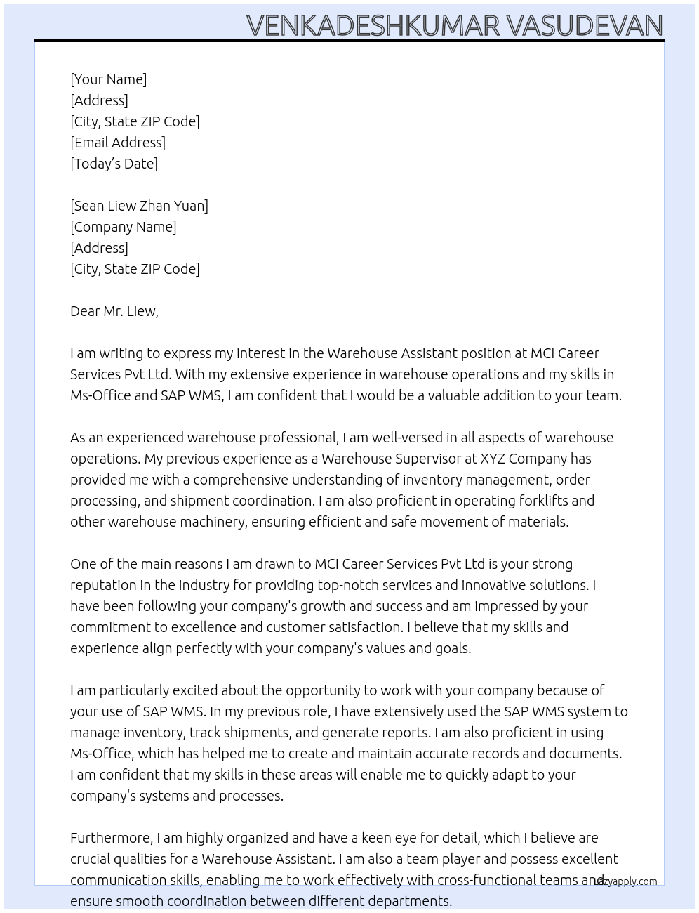 Warehouse Assistant  At MCI carrer services  pvt ltd Cover Letter