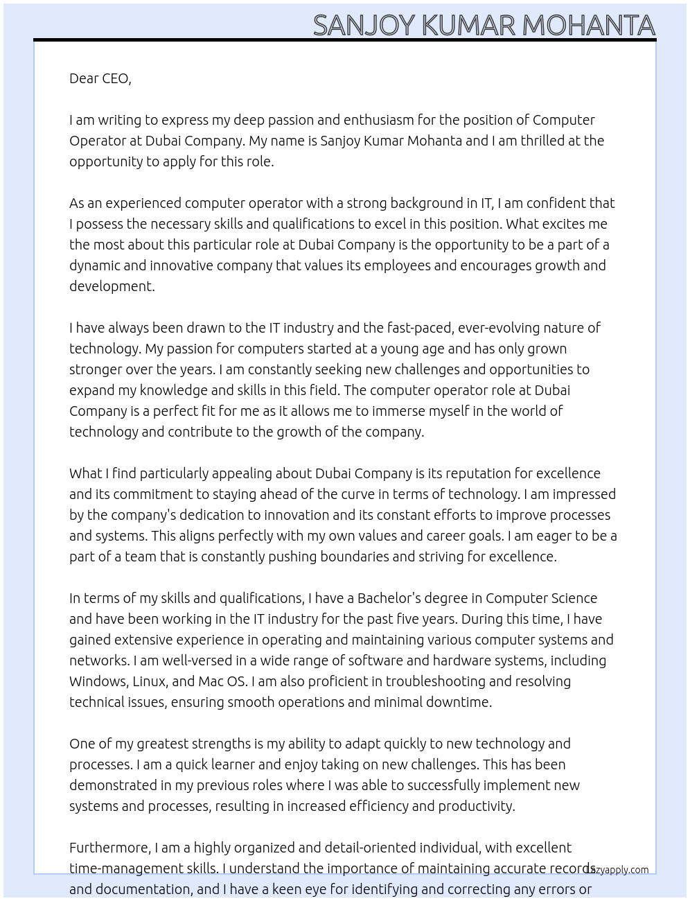 Computer operator At Dubai company Cover Letter