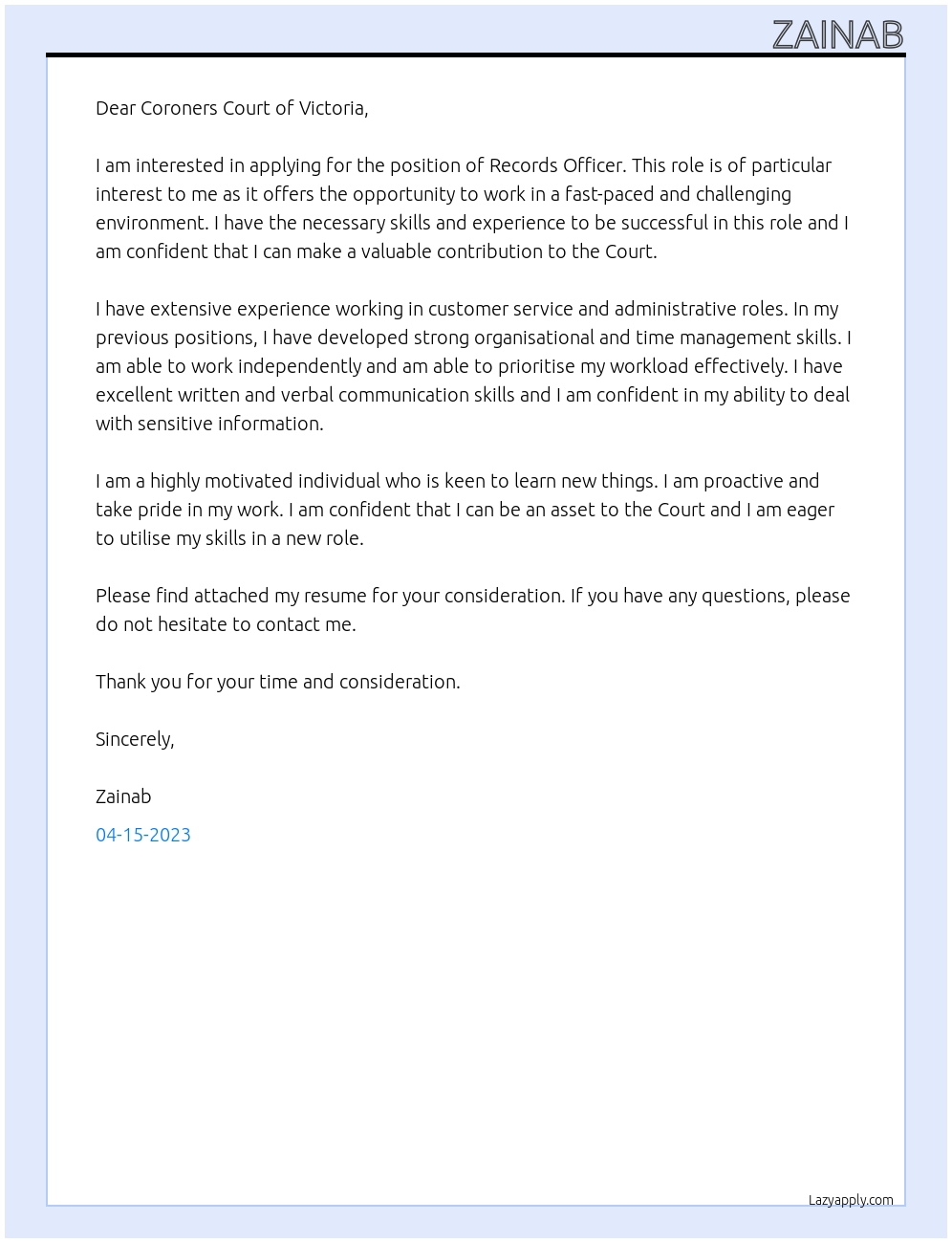 Records Officer At Coroners Court of Victoria Cover Letter