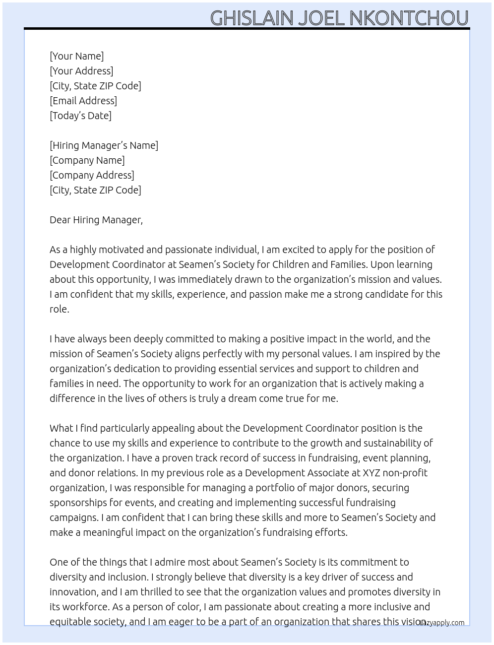 Development Coordinator At Seamen's Society for Children and Families Cover Letter