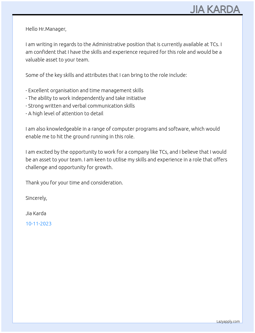 Administrative  At TCs Cover Letter