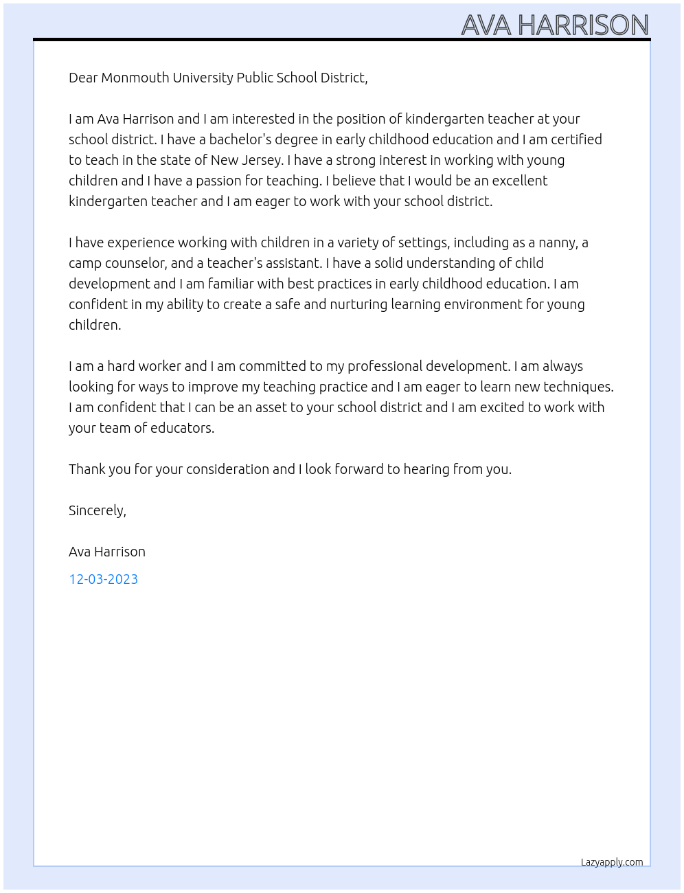 Kindergarten Teacher At Monmouth University Public School District Cover Letter