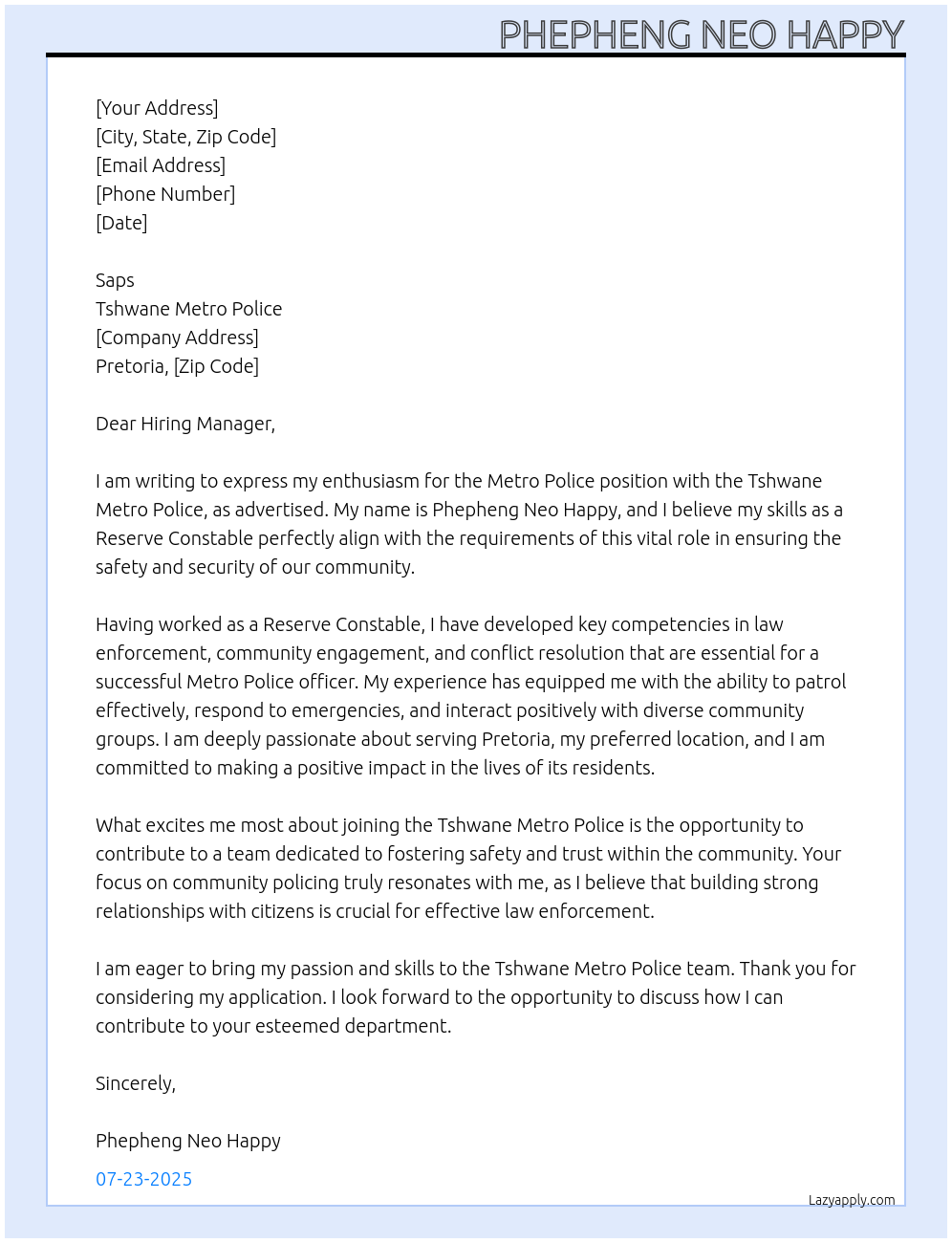 Metro police At Tshwane metro police  Cover Letter