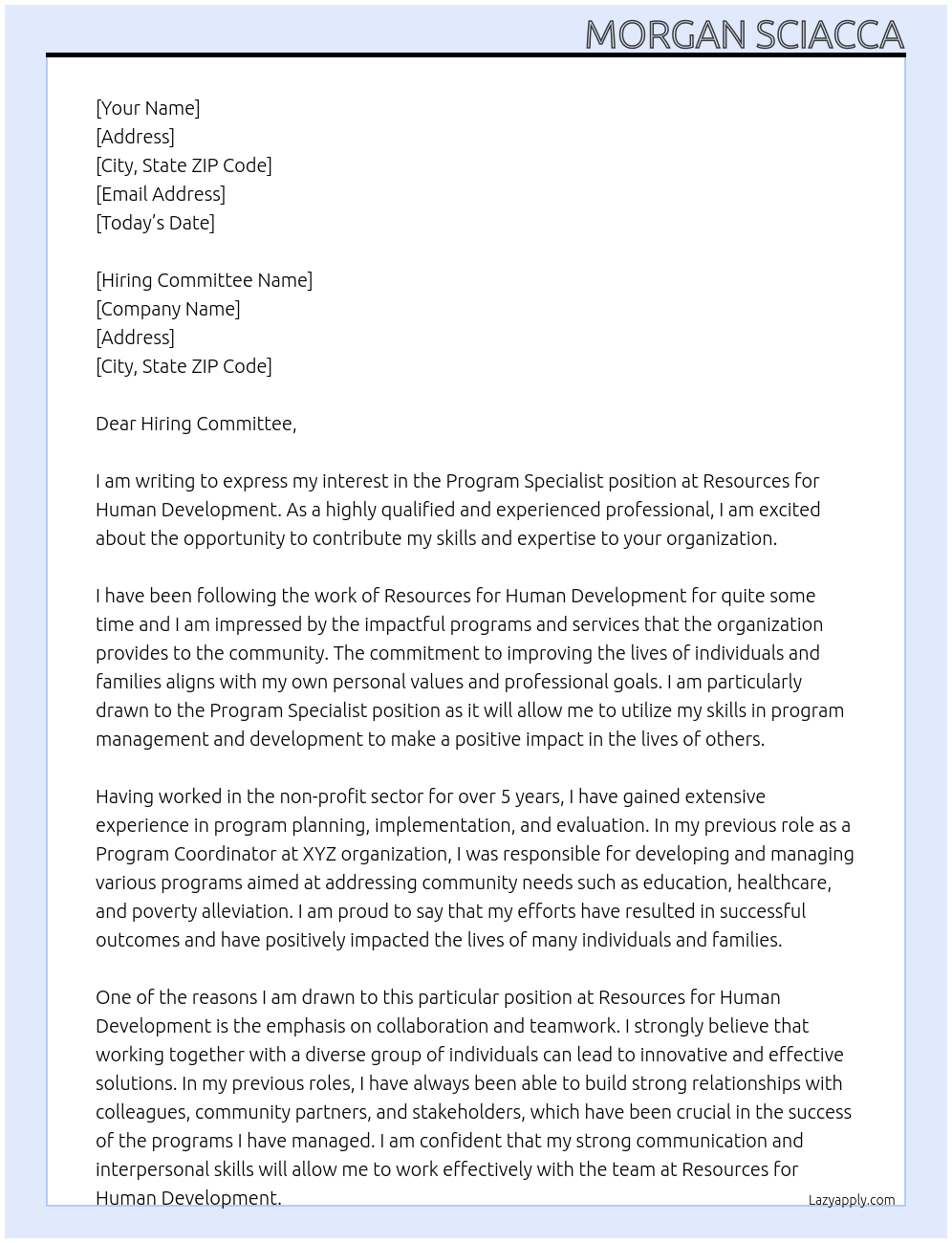 Program Specialist At Resources for Human Development Cover Letter