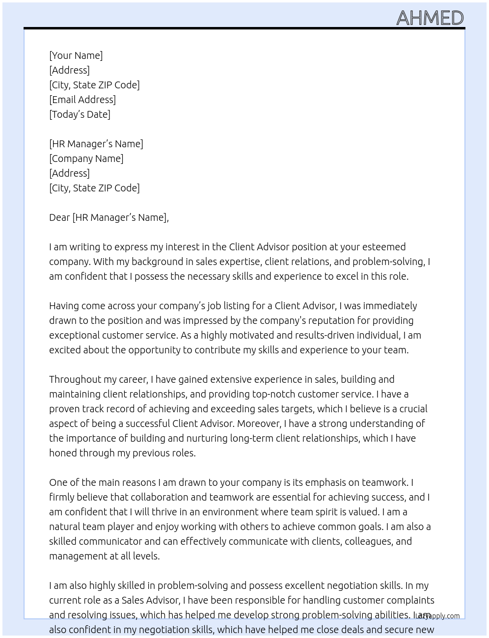 Client Advisor At your company Cover Letter