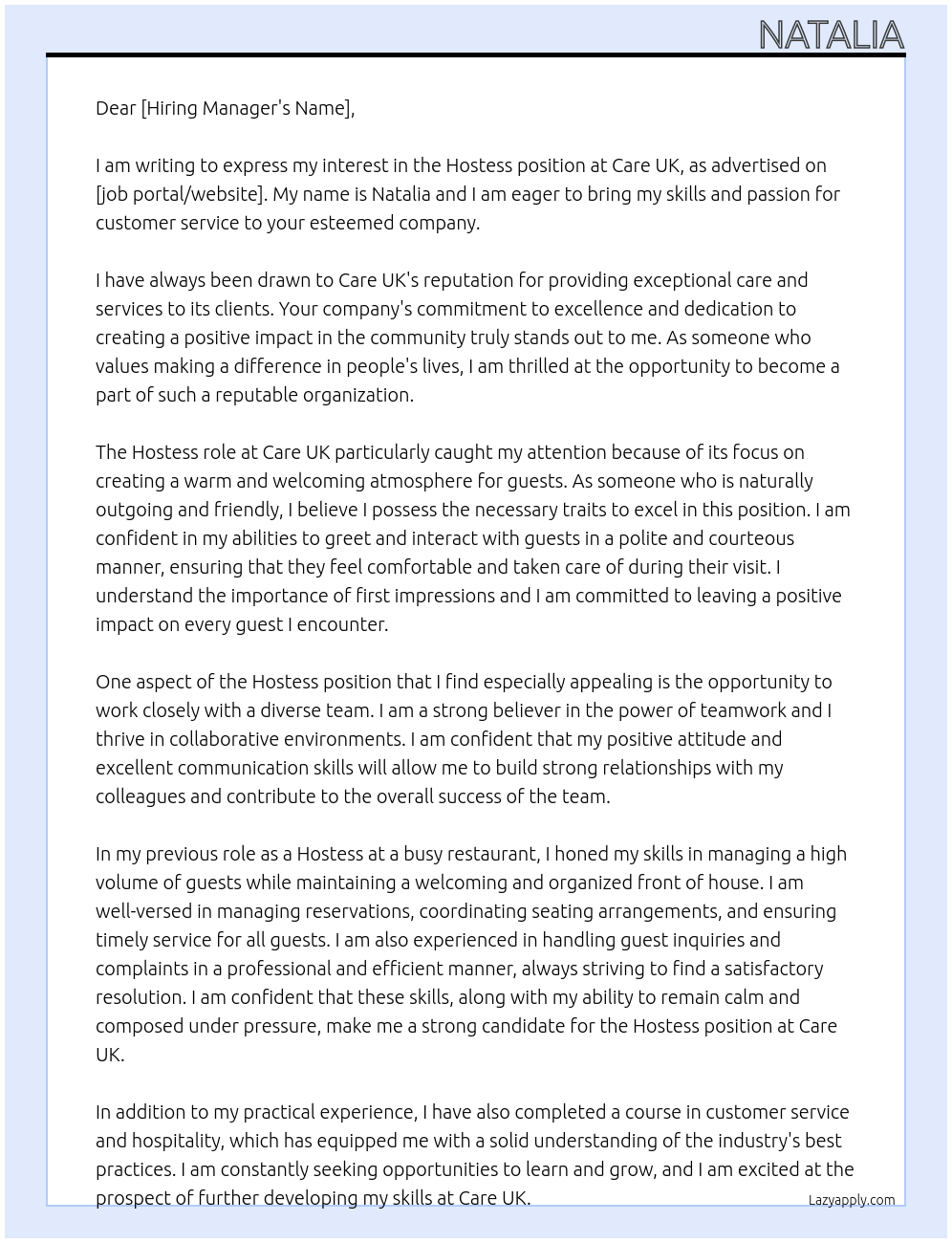 Hostess At Care UK Cover Letter