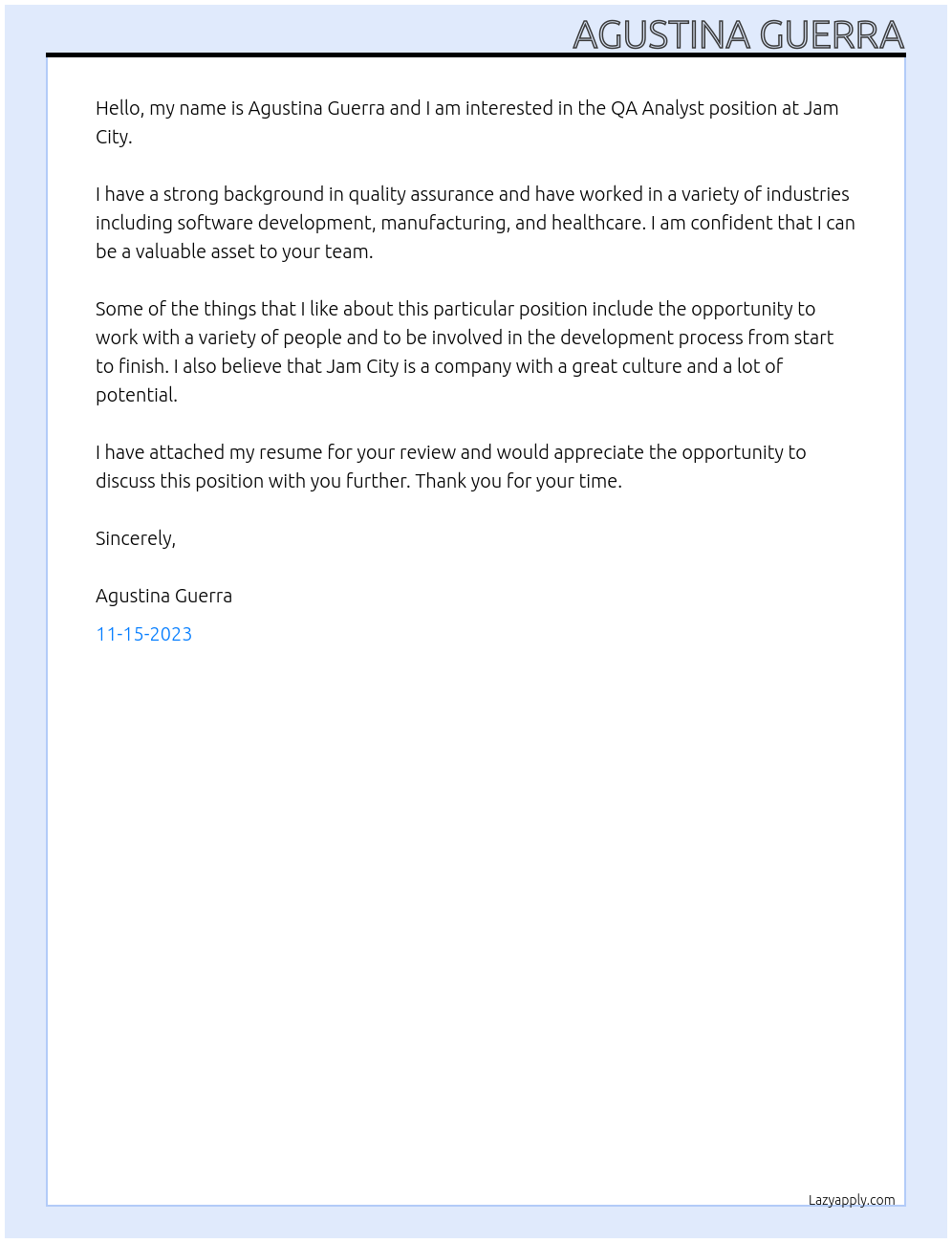 QA Analyst At Jam City Cover Letter