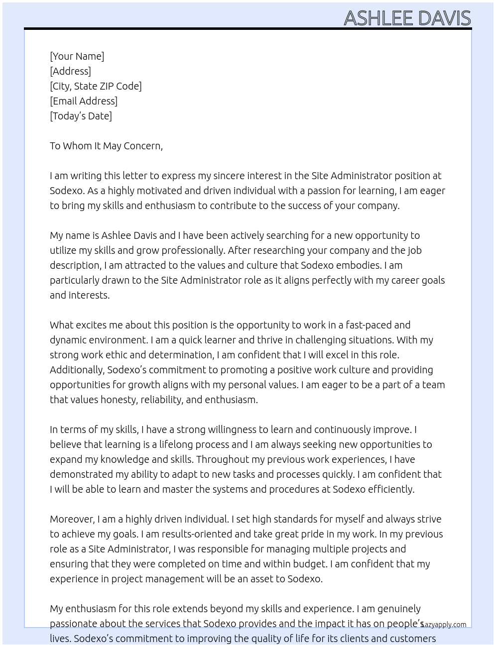 Site Administrator At Sodexo Cover Letter