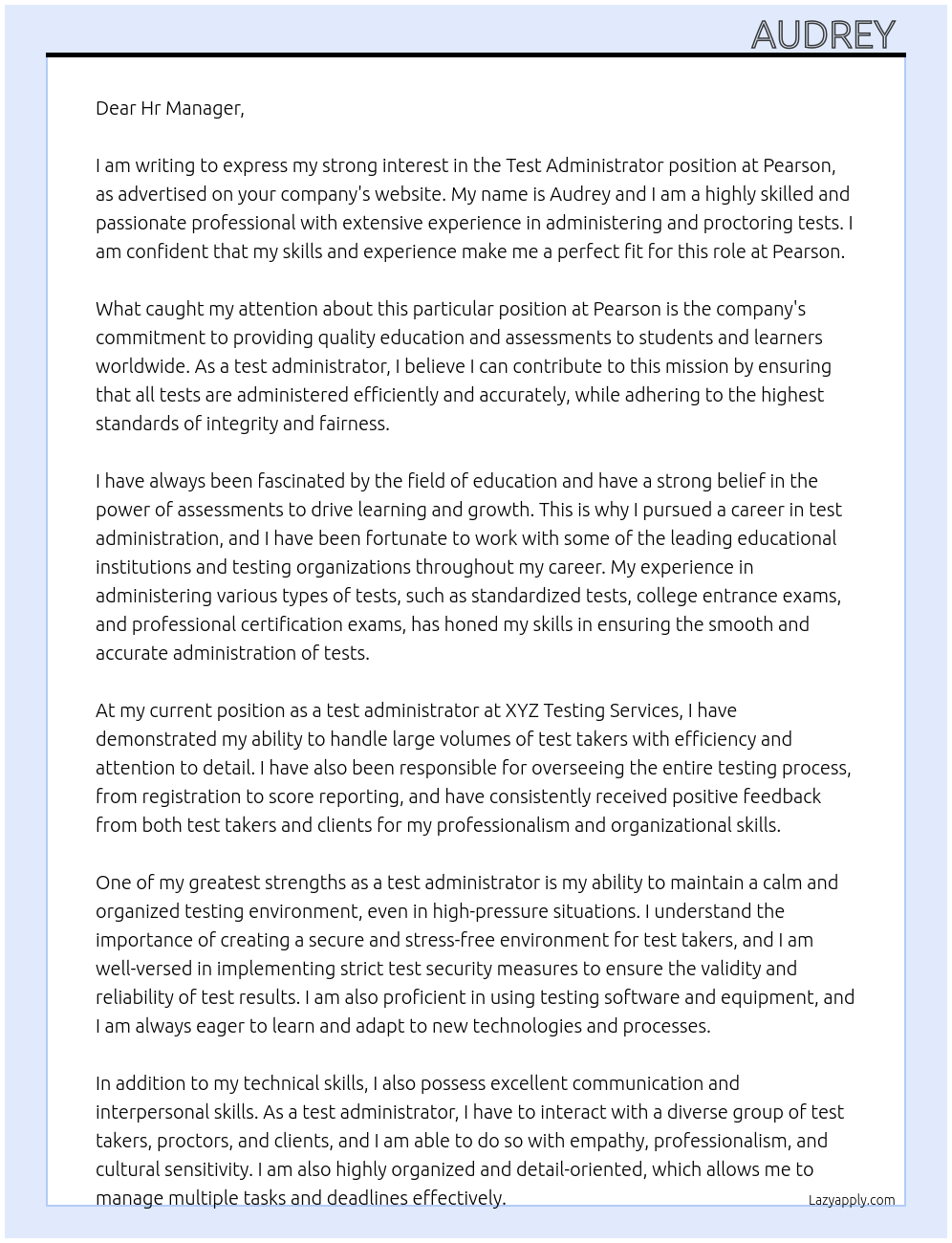 Test administrator At Pearson  Cover Letter