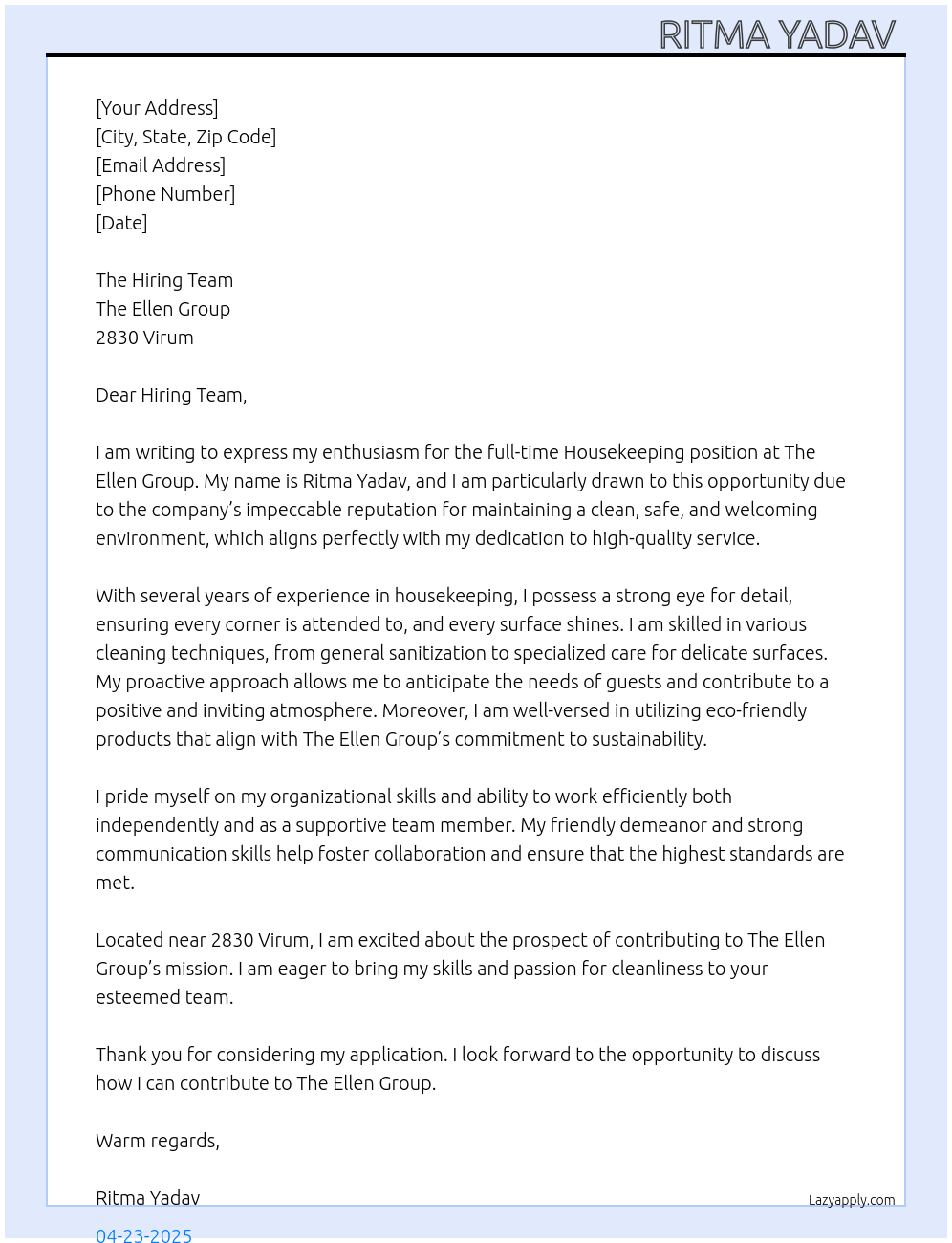 Housekeeping At The Ellen Group Cover Letter