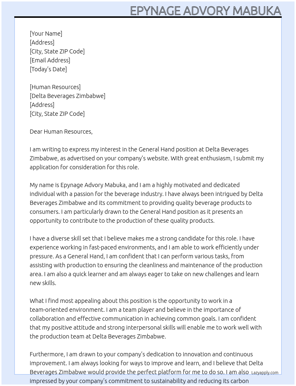 General hand At Delta Beverages Zimbabwe Cover Letter