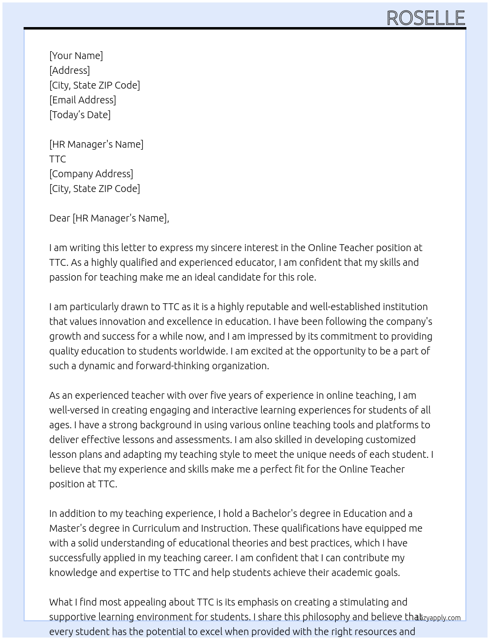 online teacher At TTC Cover Letter