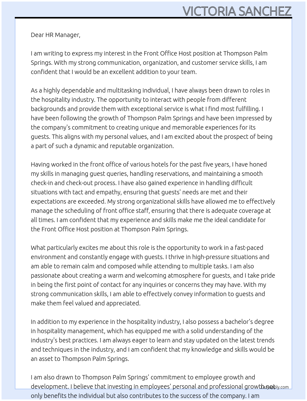 Cover letter for front office host - LazyApply
