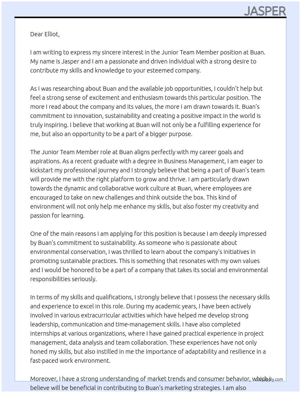 Junior Team Member At Buan Cover Letter