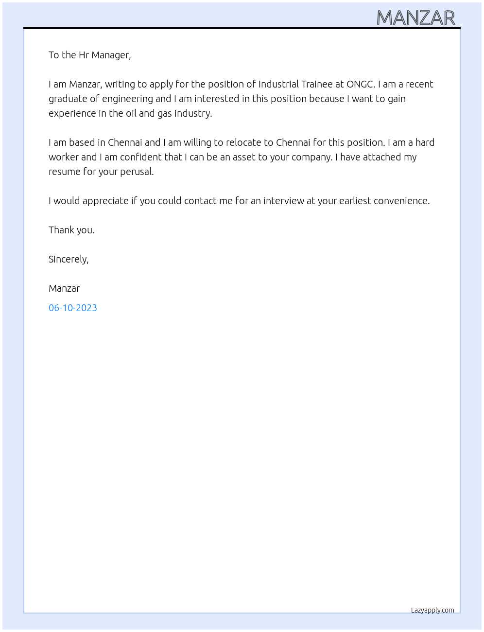 Industrial Trainee At ONGC Cover Letter