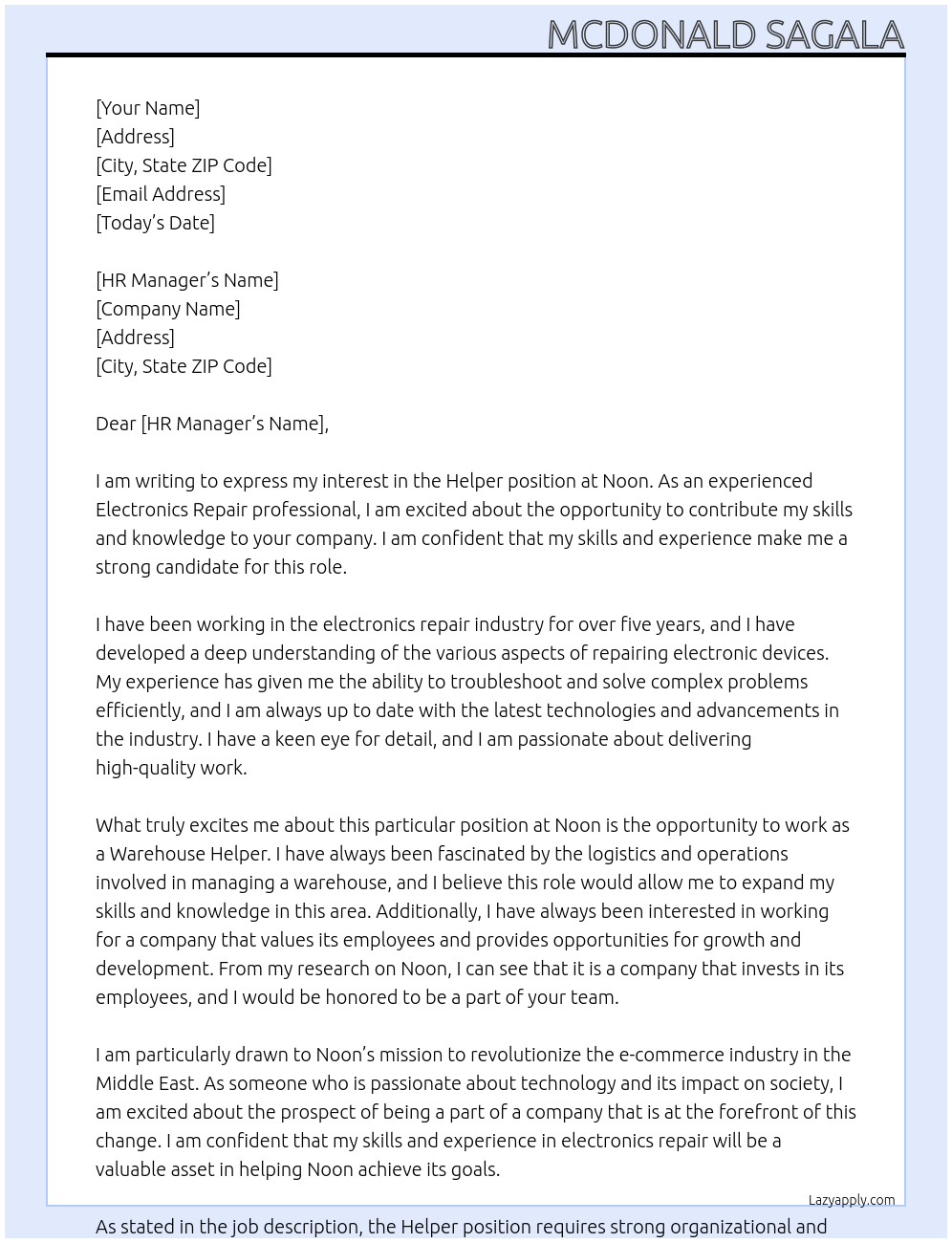 helper At noon Cover Letter