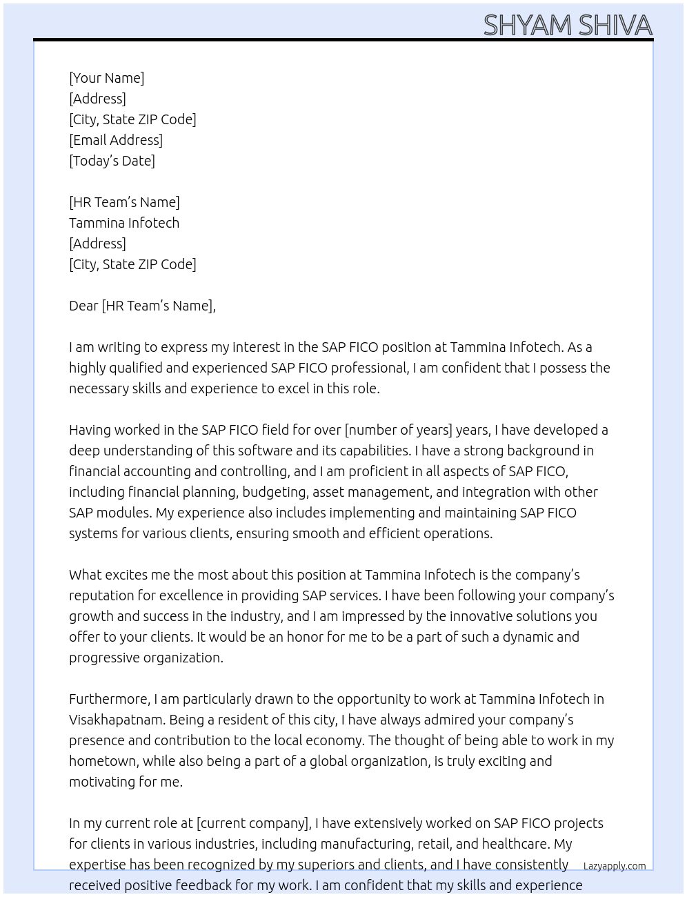 SAP fico At Tammina infotech Cover Letter