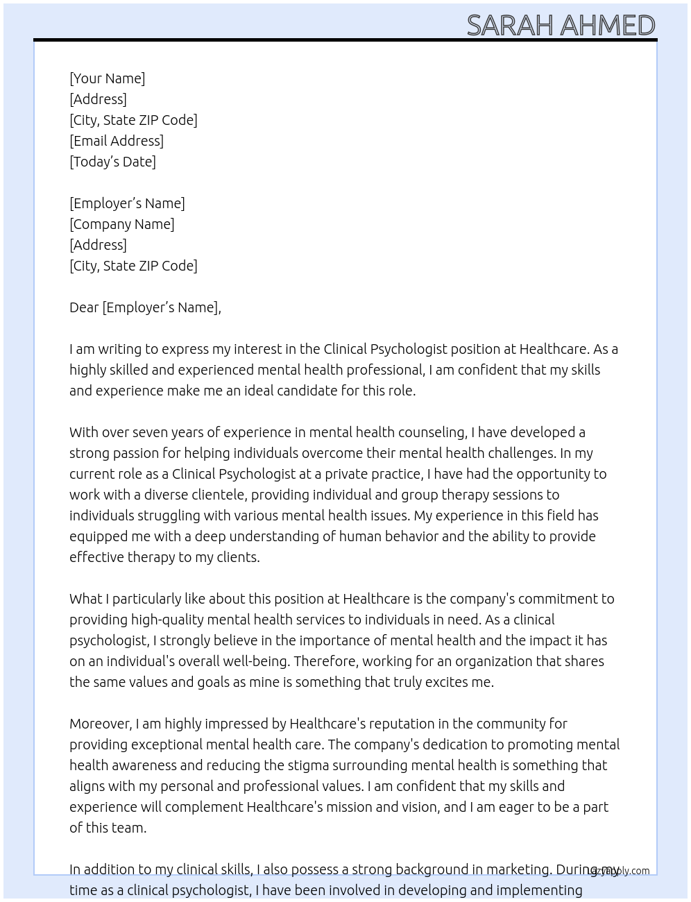 Clinical Psychologist  At Healthcare Cover Letter