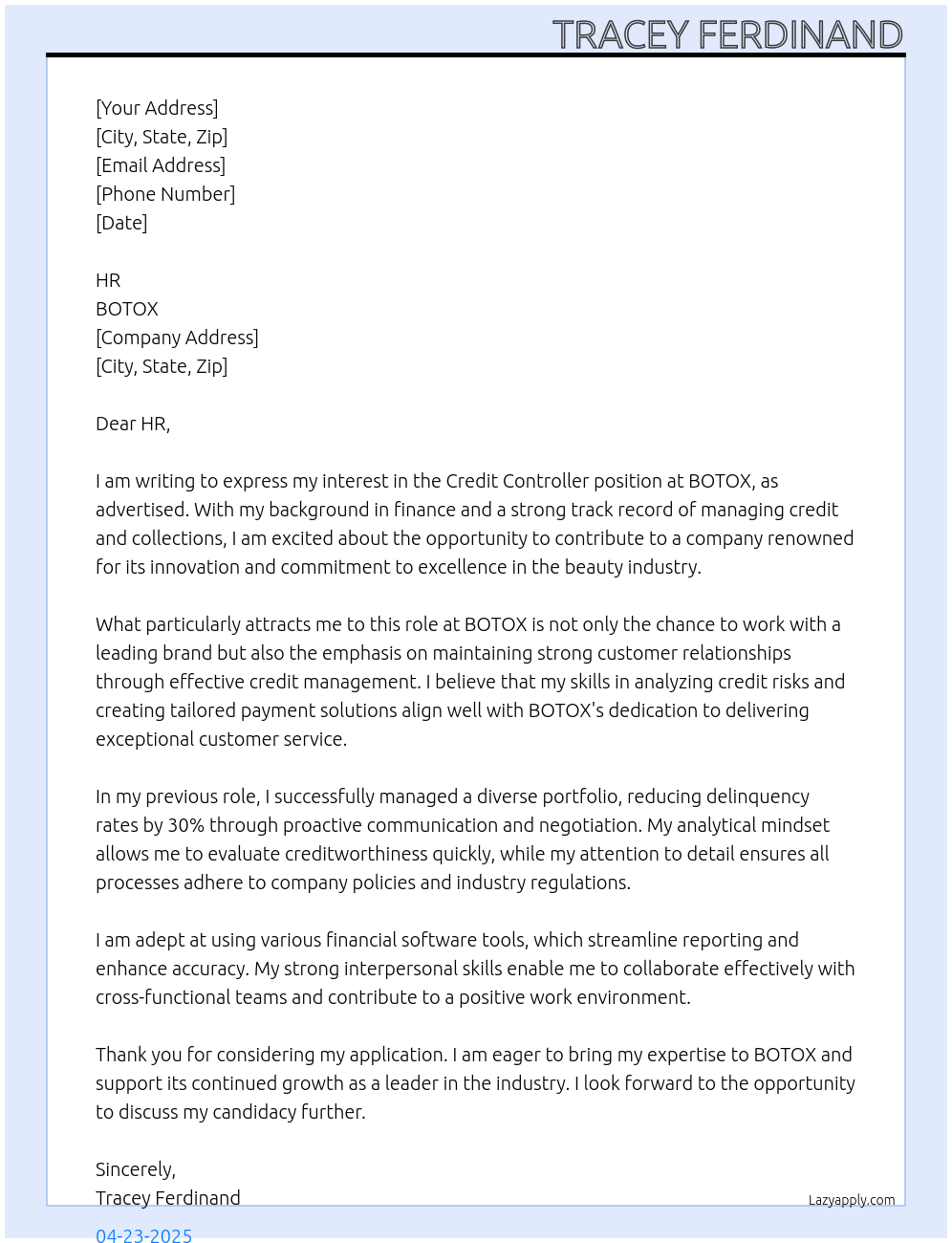 credit controller At BOTOX Cover Letter