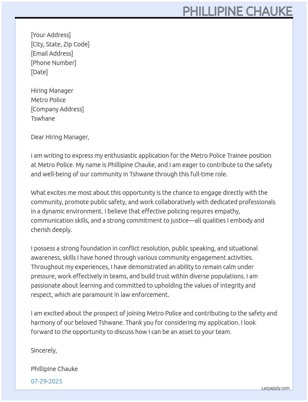 METRO POLICE TRAINEE At METRO POLICE  Cover Letter