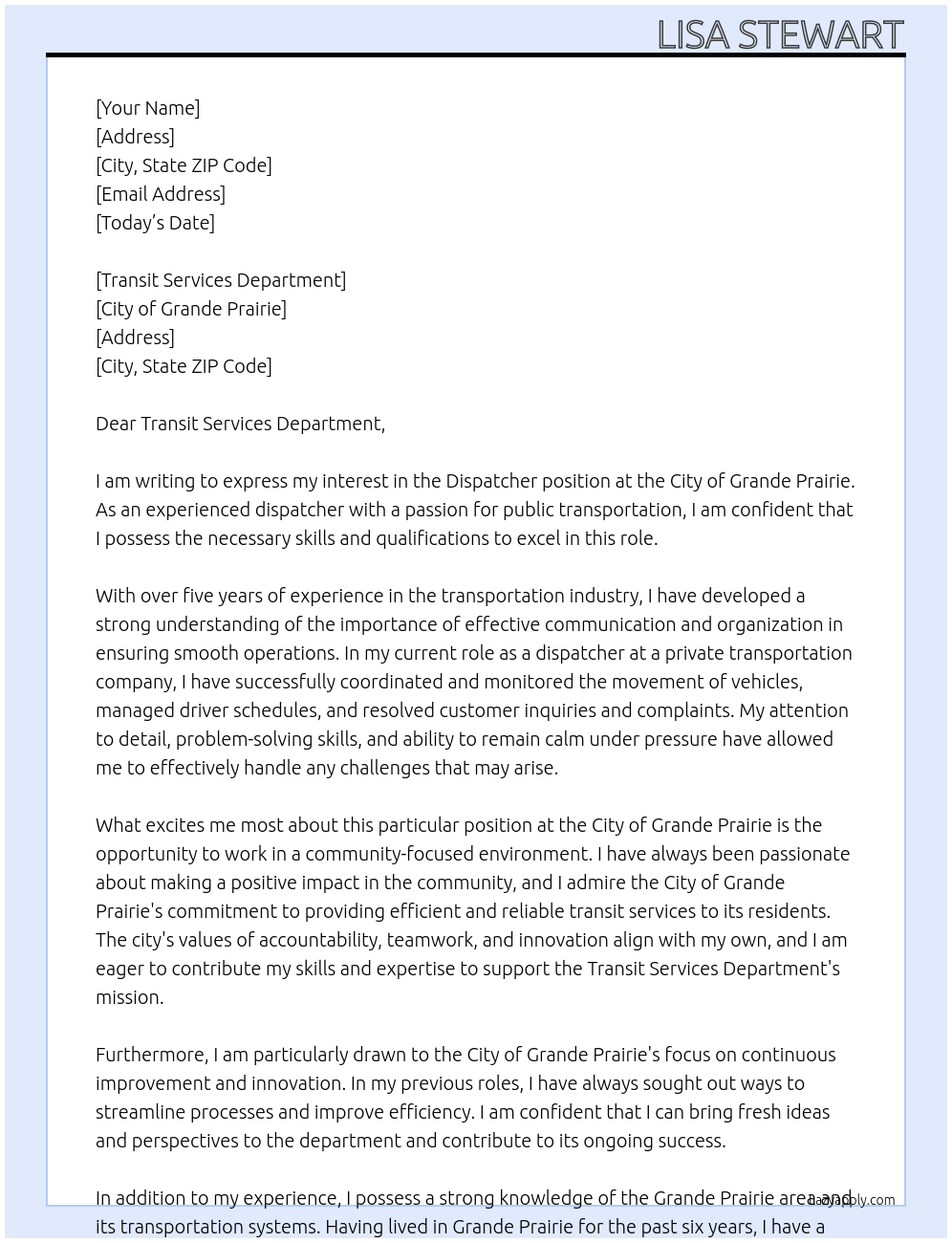 Dispatcher At City of Grande Prairie Cover Letter