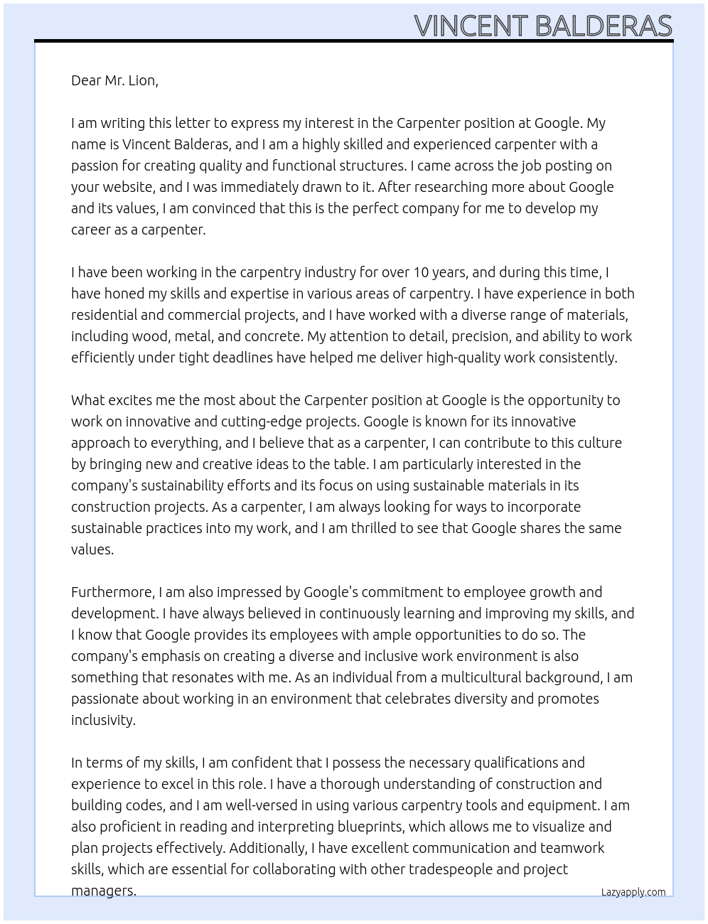 Carpenter At google Cover Letter