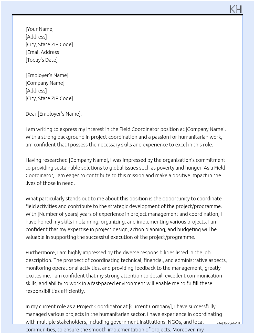 Field coordinator At WHH Cover Letter