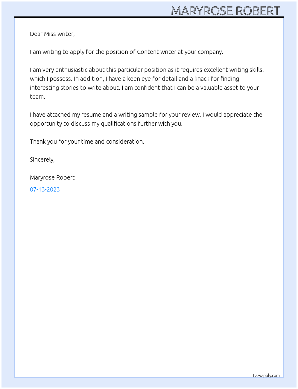 Content writing At Content writer Cover Letter
