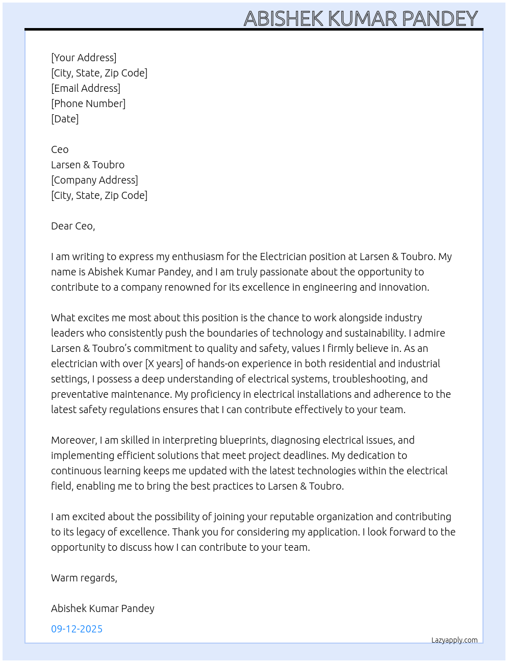 Electrician At Larsen & tourbro Cover Letter