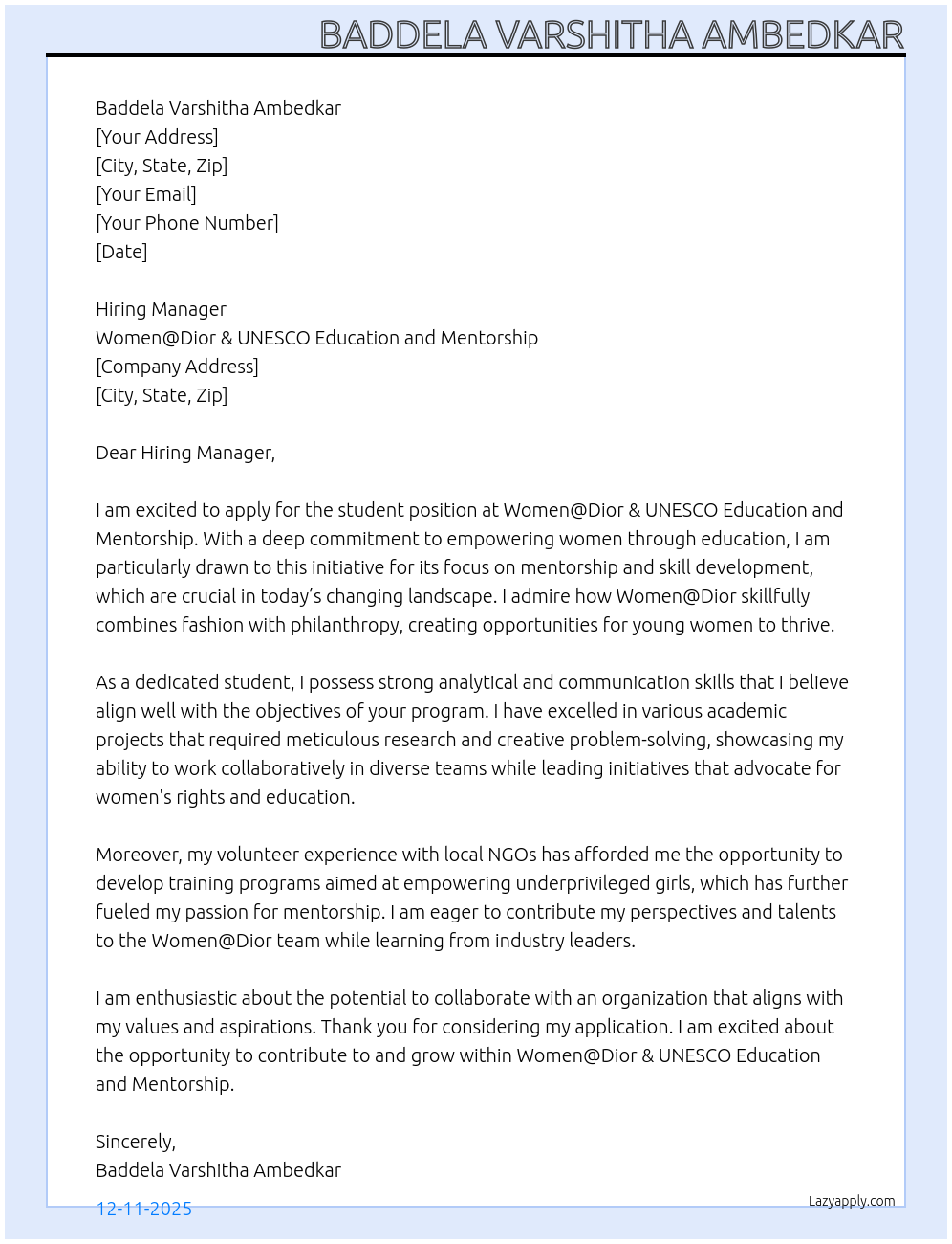 Cover letter for student - LazyApply