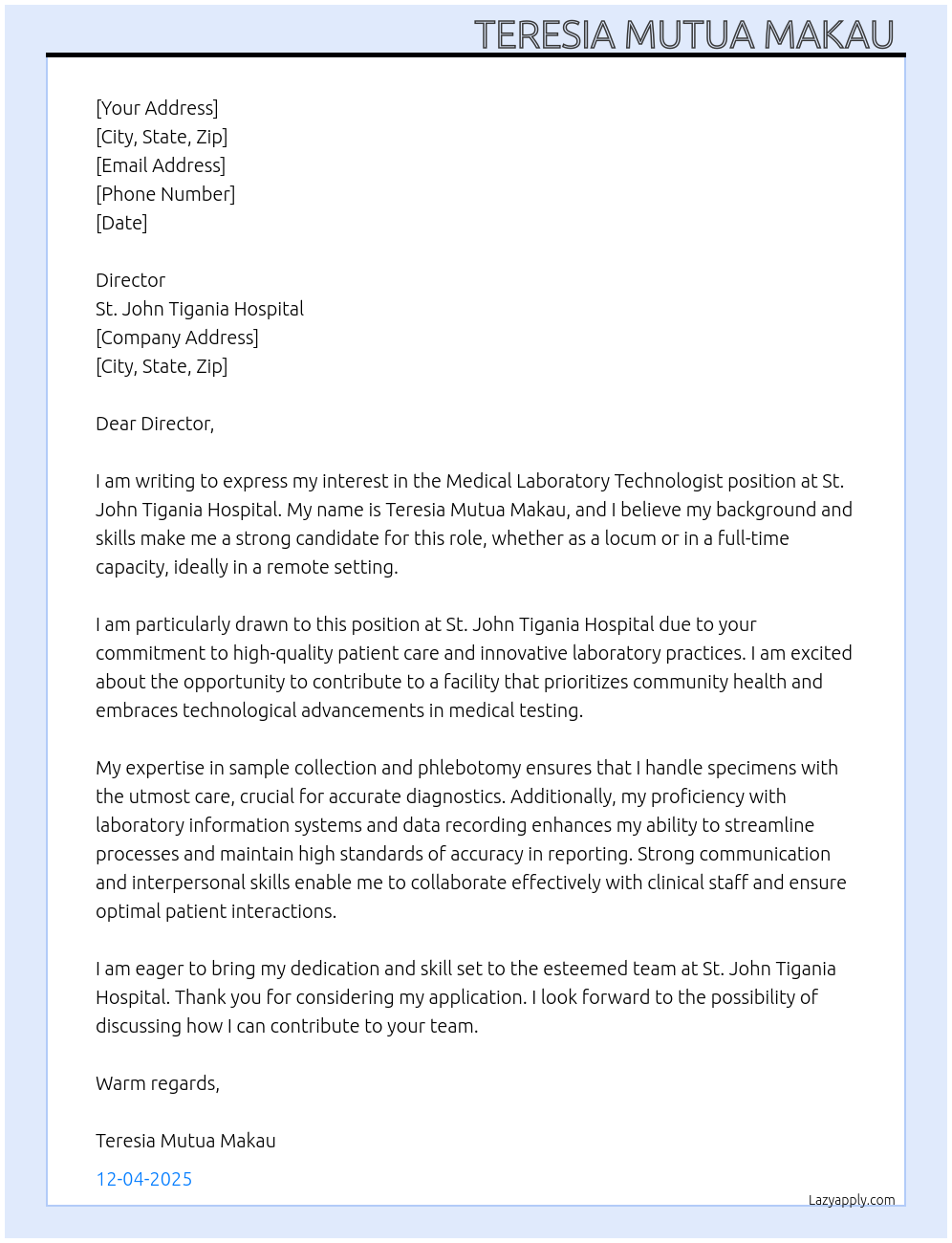 Medical laboratory technologist At St. John Tigania Hospital Cover Letter