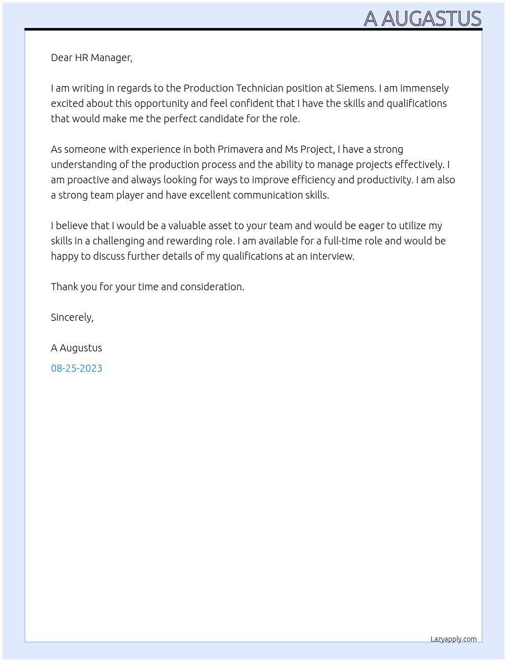 Production technician At Siemens Cover Letter