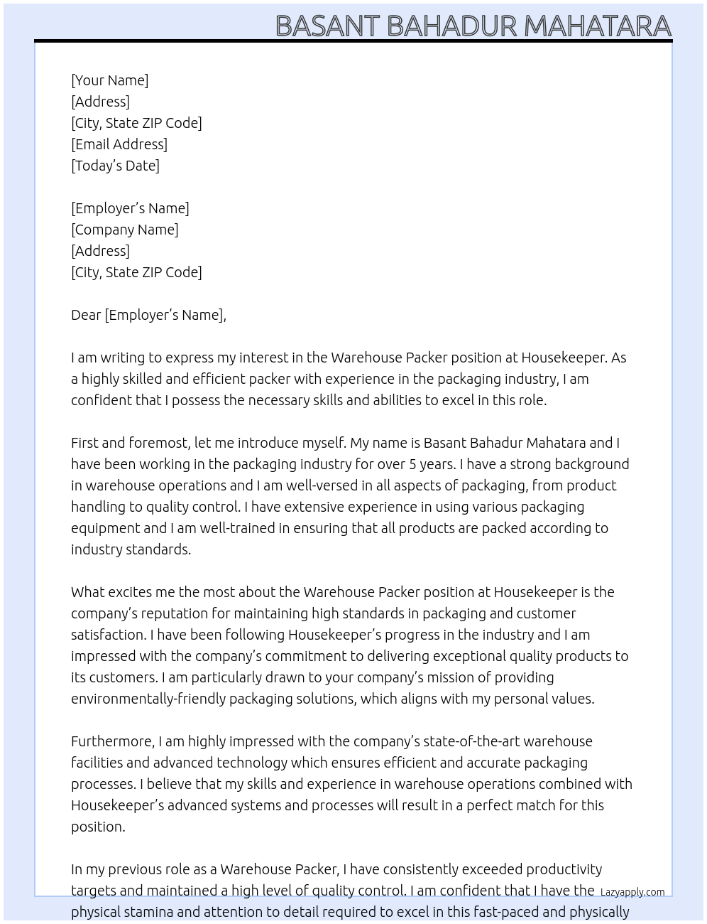 Warehouse Packer At Housekeeper Cover Letter