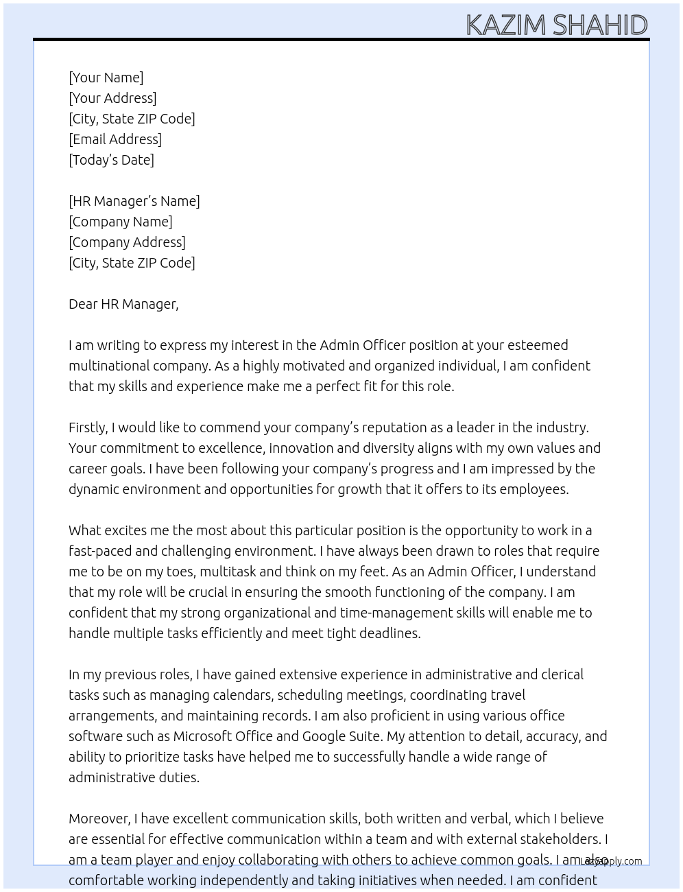 Admin Officer At Multinational company Cover Letter