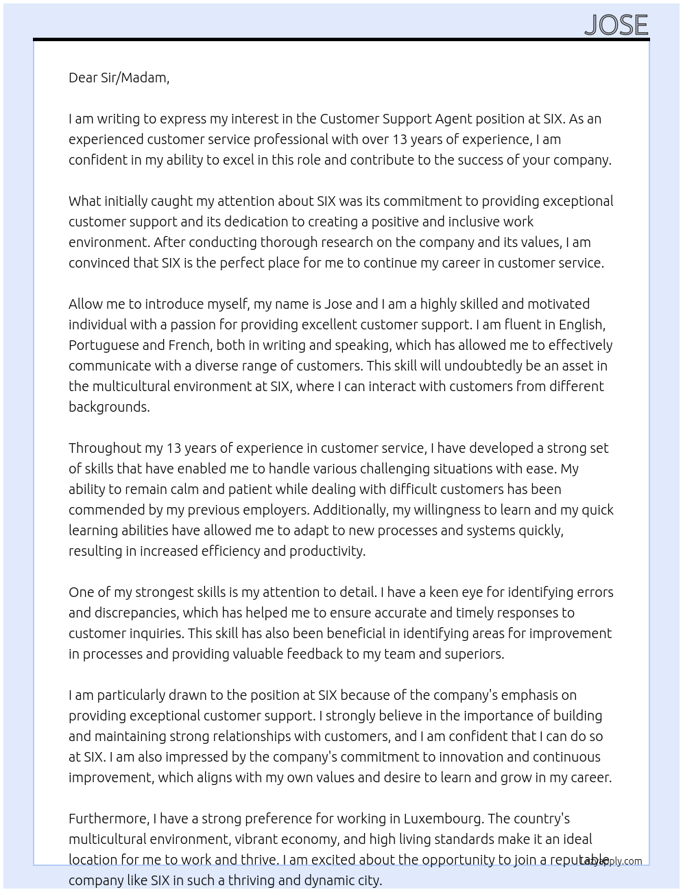 Customer Support Agent At SIX Cover Letter