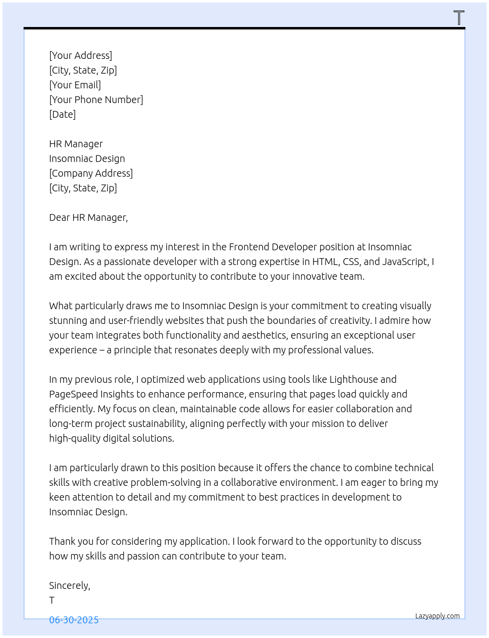 Frontend Developer At Insomniac Design Cover Letter