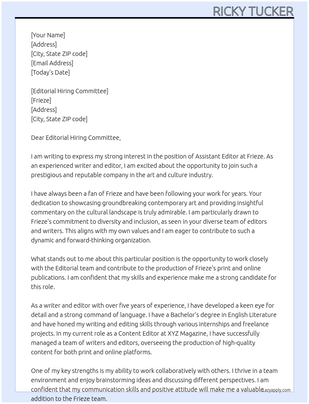 Assistant Editor At Frieze Cover Letter