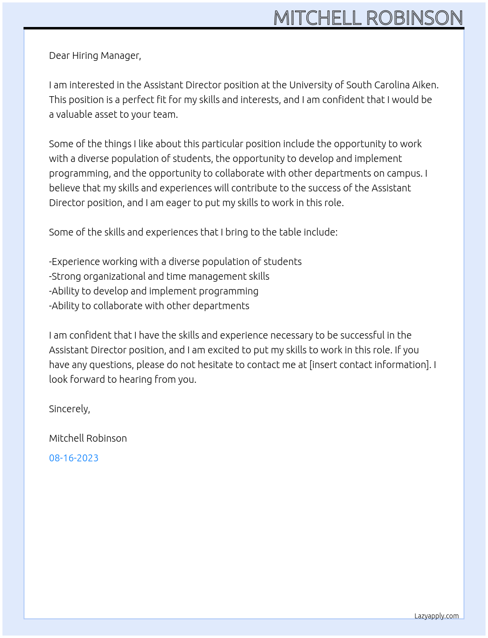 Assistant Director At University of South Carolina Aiken Cover Letter