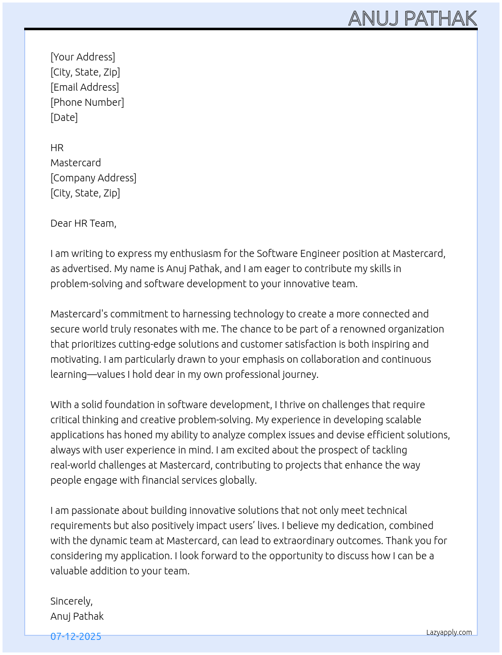 Software Engineer At Mastercard Cover Letter