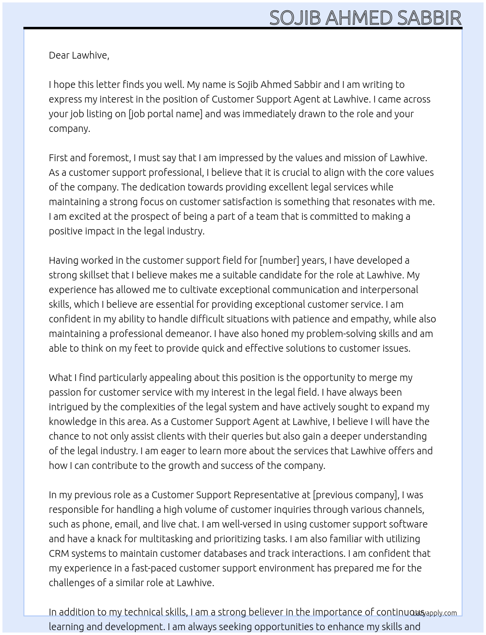 Customer Support Agent At Lawhive Cover Letter