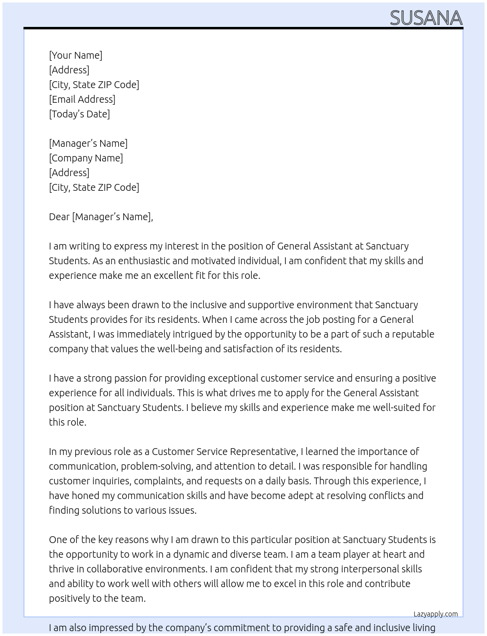 General Assistant At Sanctuary Students Cover Letter