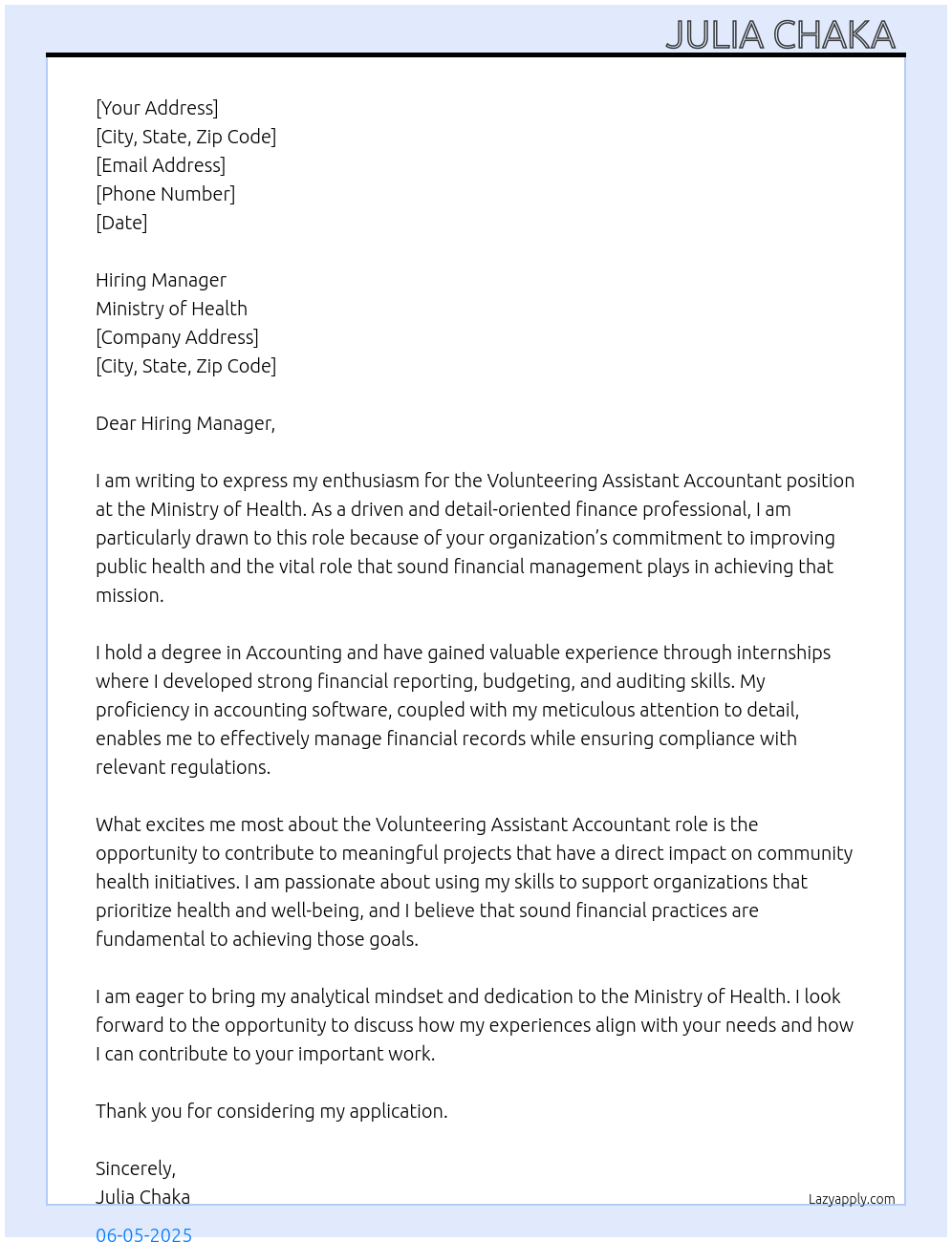 Cover letter for volunteering assistant accountant - LazyApply