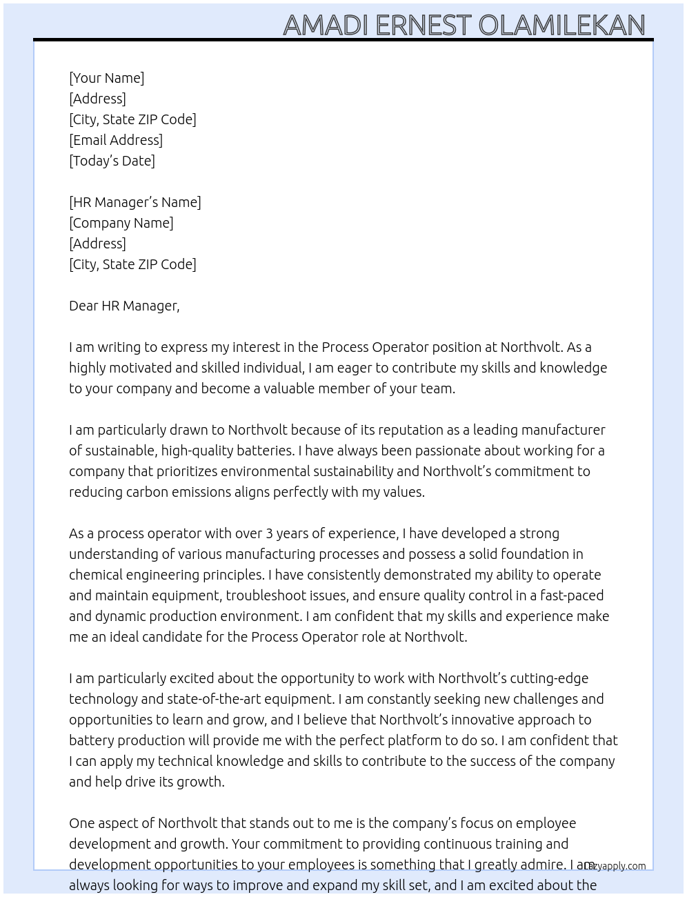 Process operator At Northvolt Cover Letter