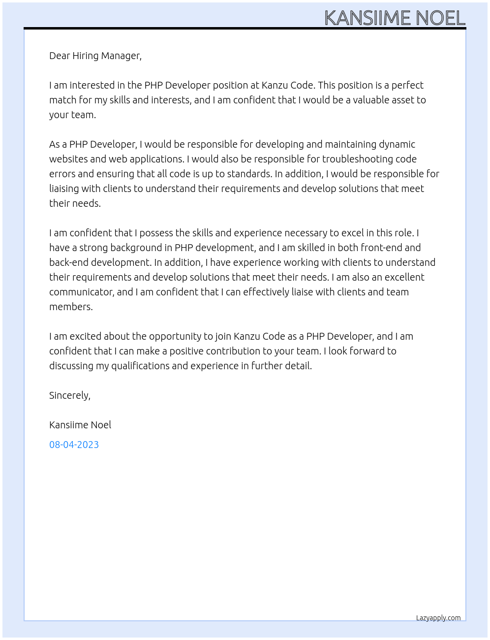 PHP Developer At Kanzu Code Cover Letter