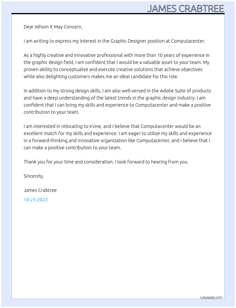 Graphic Designer At Computacenter Cover Letter