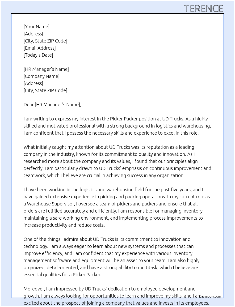 Picker packer At UD Trucks Cover Letter