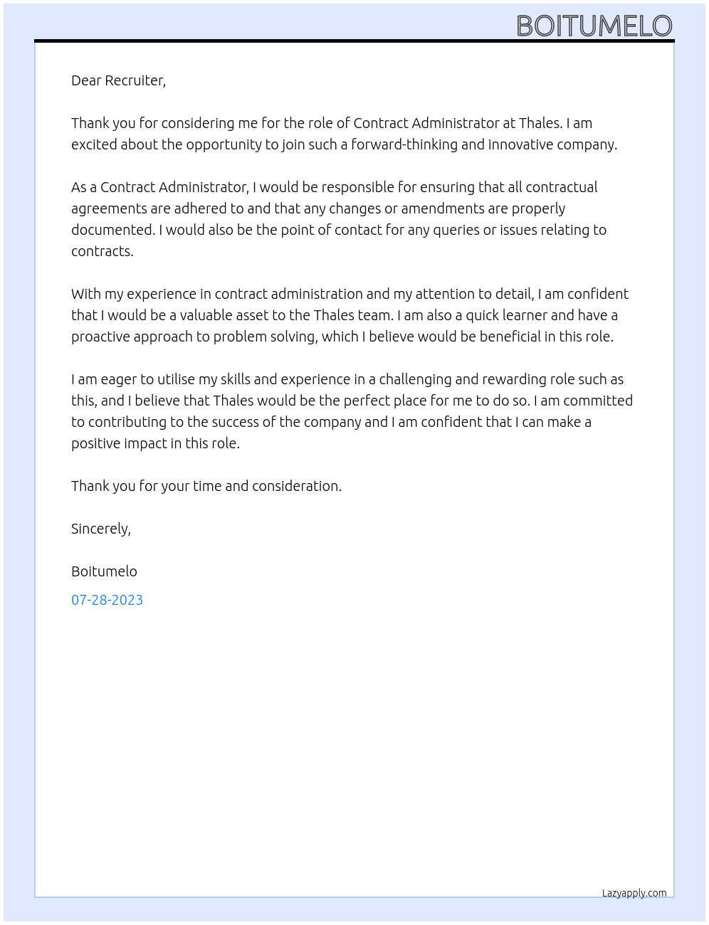 Contract Administrator At Thales Cover Letter