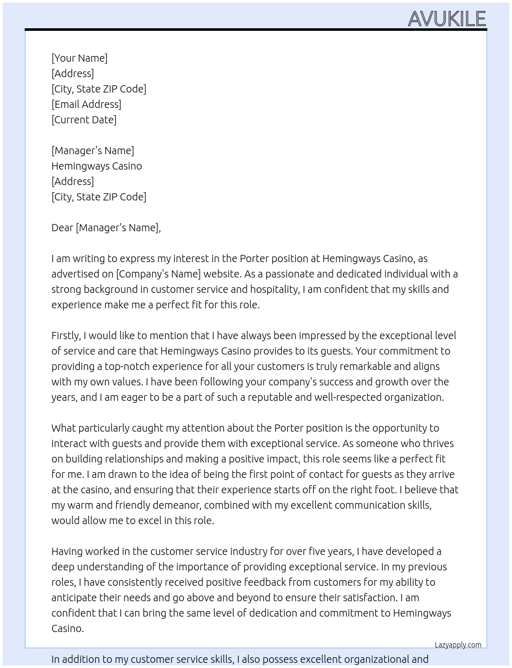 porter At hemingways casino Cover Letter